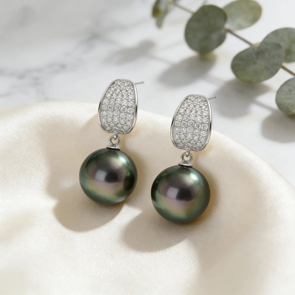 925 Sterling Silver Elegant Tahitian Pearl and CZ Dangle Earrings in Shimmering White Metal