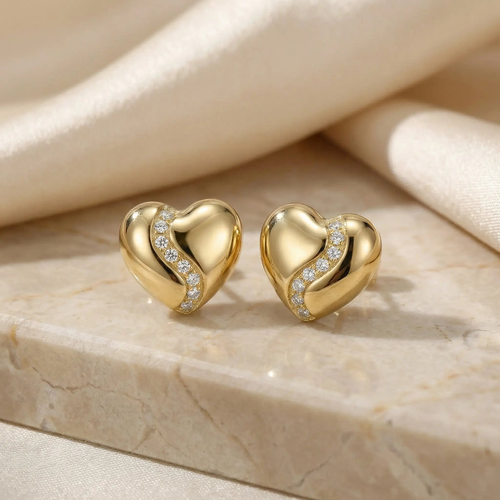 925 Sterling Silver Elegant Heart-Shaped Stud Earrings with Shimmering Curved Stone Accents