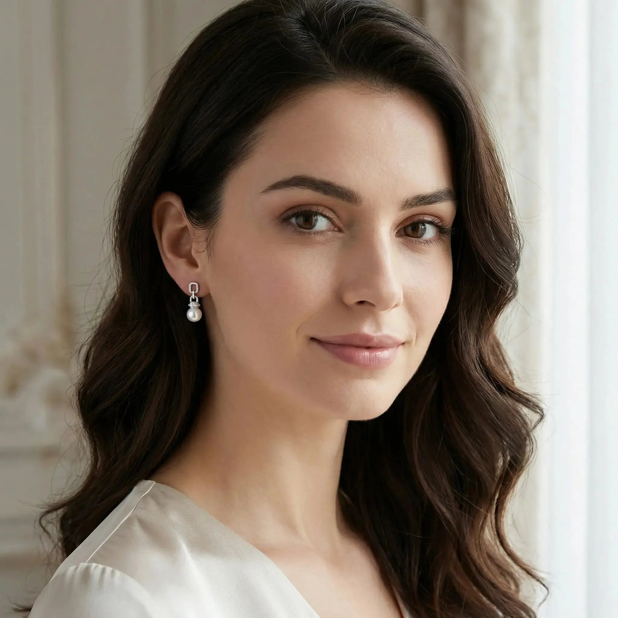 925 Sterling Silver Elegant White Pearl Drop Earrings with Pave Diamond Geometric Links NP Collection