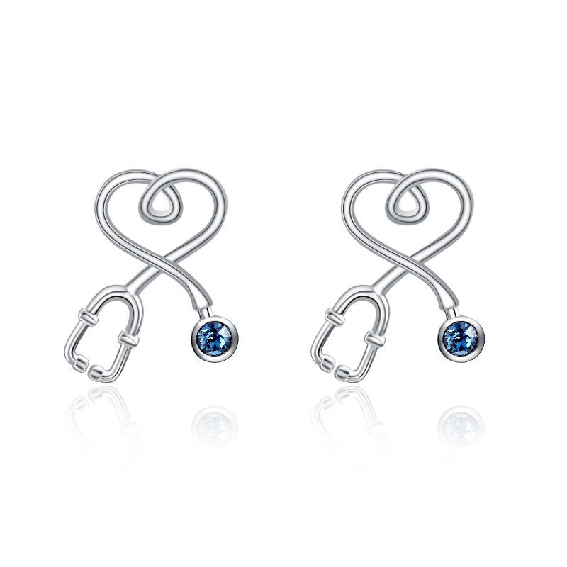 Sterling Silver Nurse Stethoscope with Blue Crystal Stud Earrings
