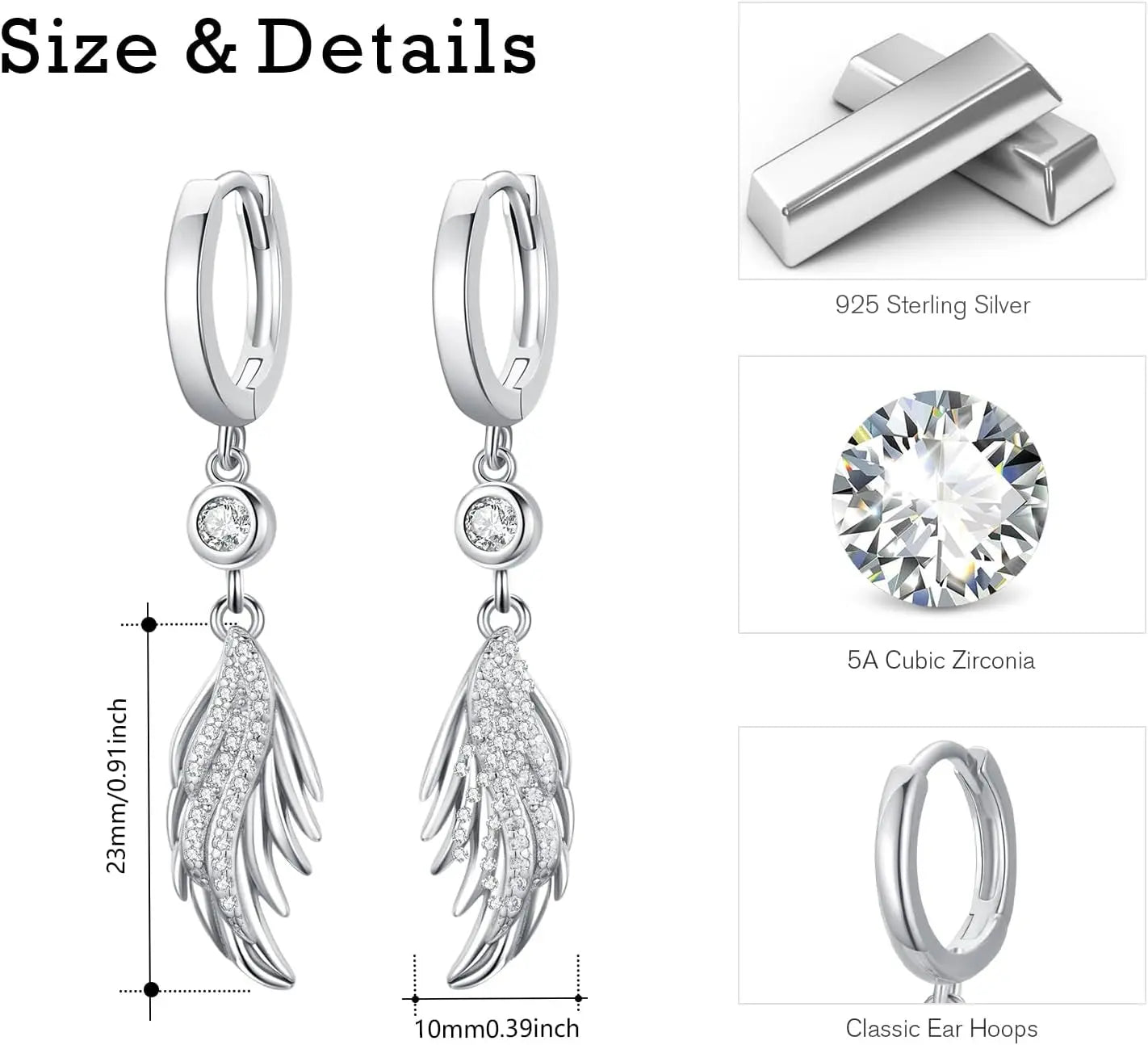 925 Sterling Silver Angel Wings Dangle Earrings