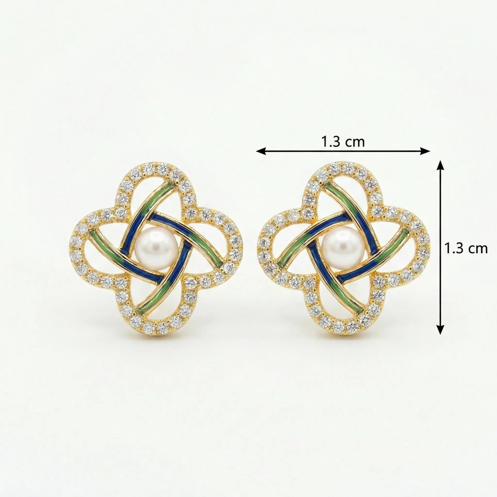 925 Sterling Silver Elegant Pearl Clover Stud Earrings with Blue Enamel and Sparkling Accents