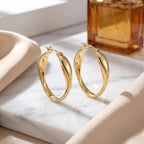14K Gold Hoop Earrings Twisted Thick Wave Design