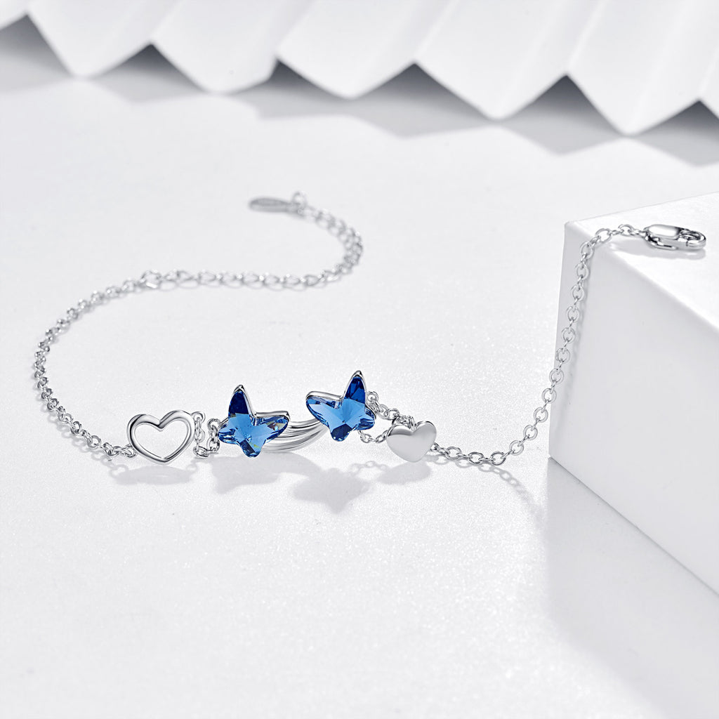 925 Sterling Silver Butterfly Blue Cubic Zirconia Pendant Bracelet