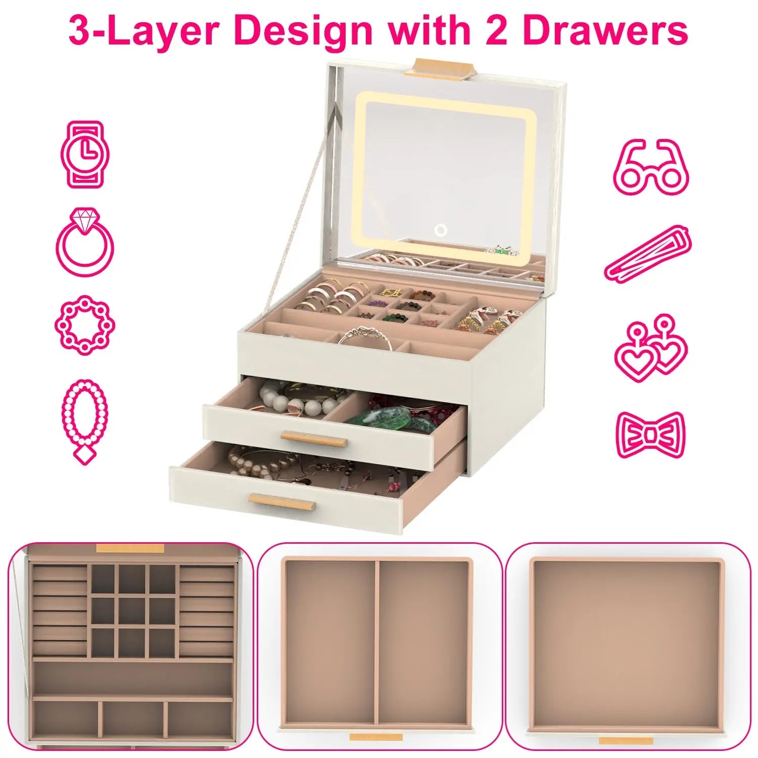  Jewelry Box with LED Mirror 3 Layer Jewelry Organizer with 2 Drawers
