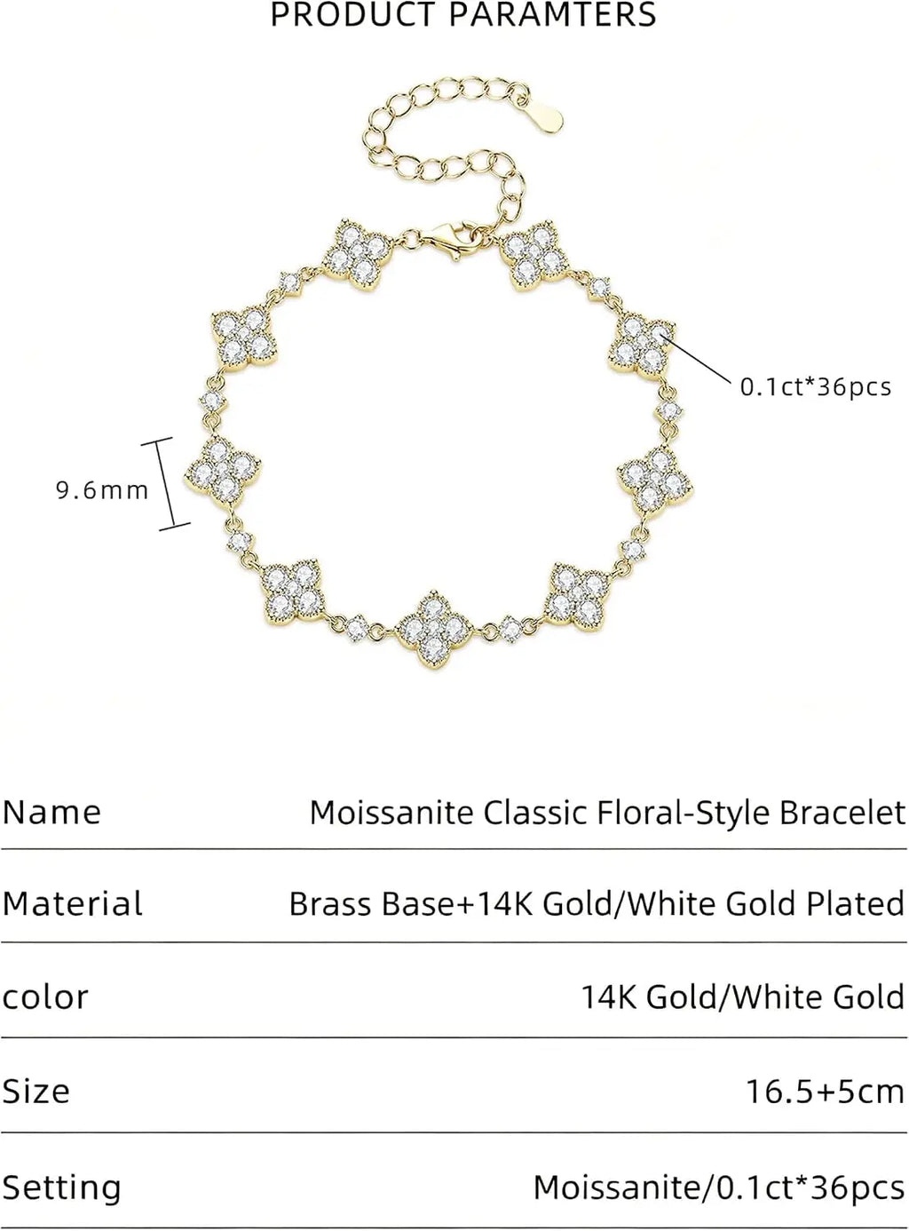 Moissanite Four-Leaf Clover Bracelet, 14K Gold Filled