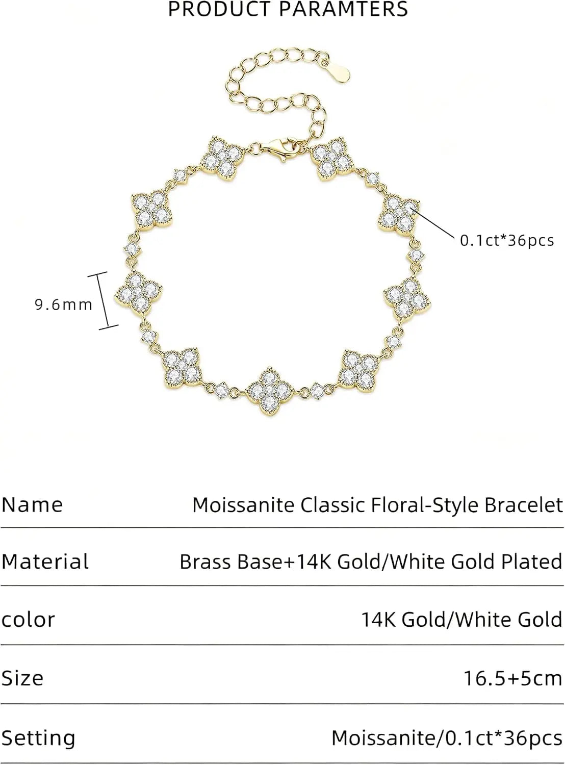 Moissanite Four-Leaf Clover Bracelet, 14K Gold Filled