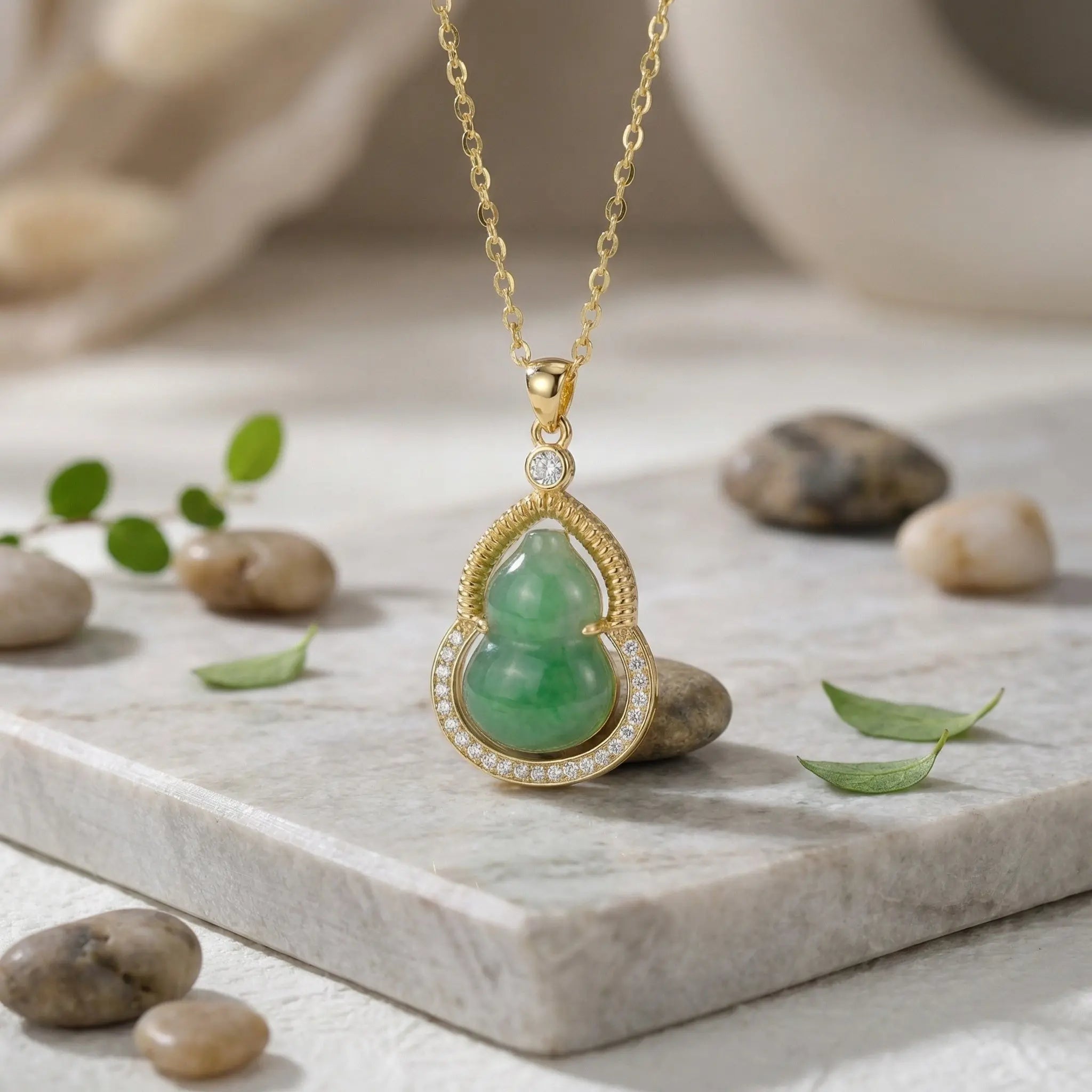 925 Sterling Silver Radiant Green Jadeite Hulu Necklace Featuring Ornate Metalwork and Glistening Gems NP Collection