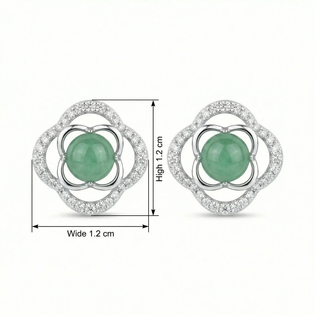 925 Sterling Silver Elegant Green Jadeite Clover Stud Earrings with Sparkling White Accents in Polished White Metal NP Collection