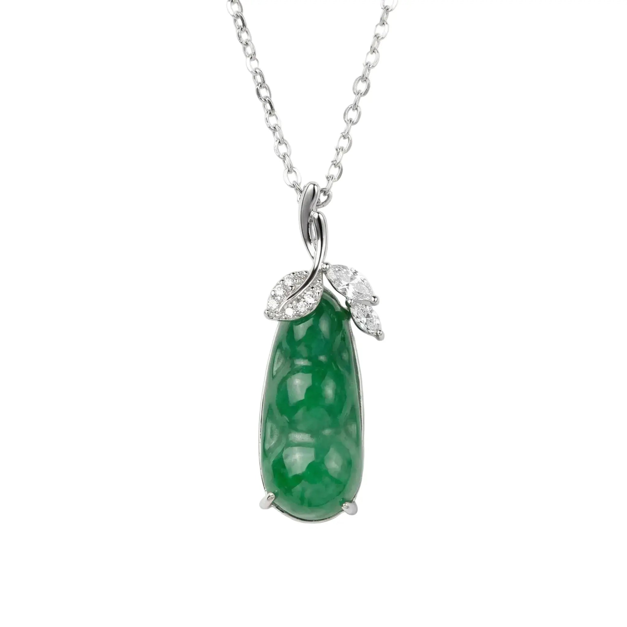 925 Sterling Silver Elegant Green Jadeite Pea Pod Pendant Necklace with Sparkling Accents NP Collection