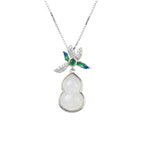 925 Sterling Silver Exquisite White Jade Gourd Pendant Necklace with Enamel Floral Accents and Sparkling Details NP Collection