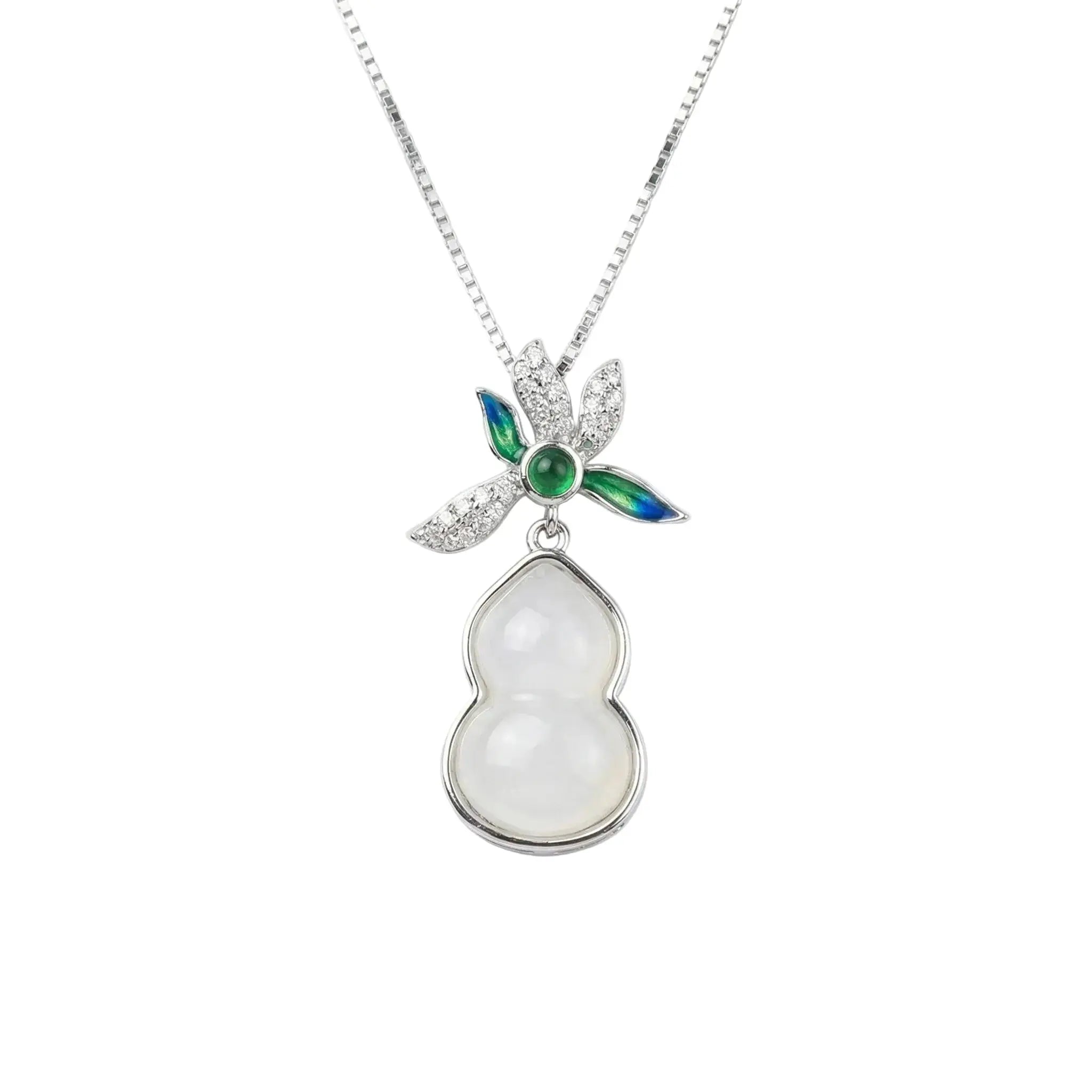 925 Sterling Silver Exquisite White Jade Gourd Pendant Necklace with Enamel Floral Accents and Sparkling Details NP Collection