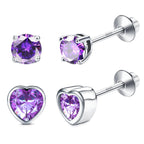 CASSIECA S925 Sterling Silver Birthstone Earrings for Girls Women Hypoallergenic Screw Back Earrings Round Heart CZ Stud Earrings Jewelry Gift