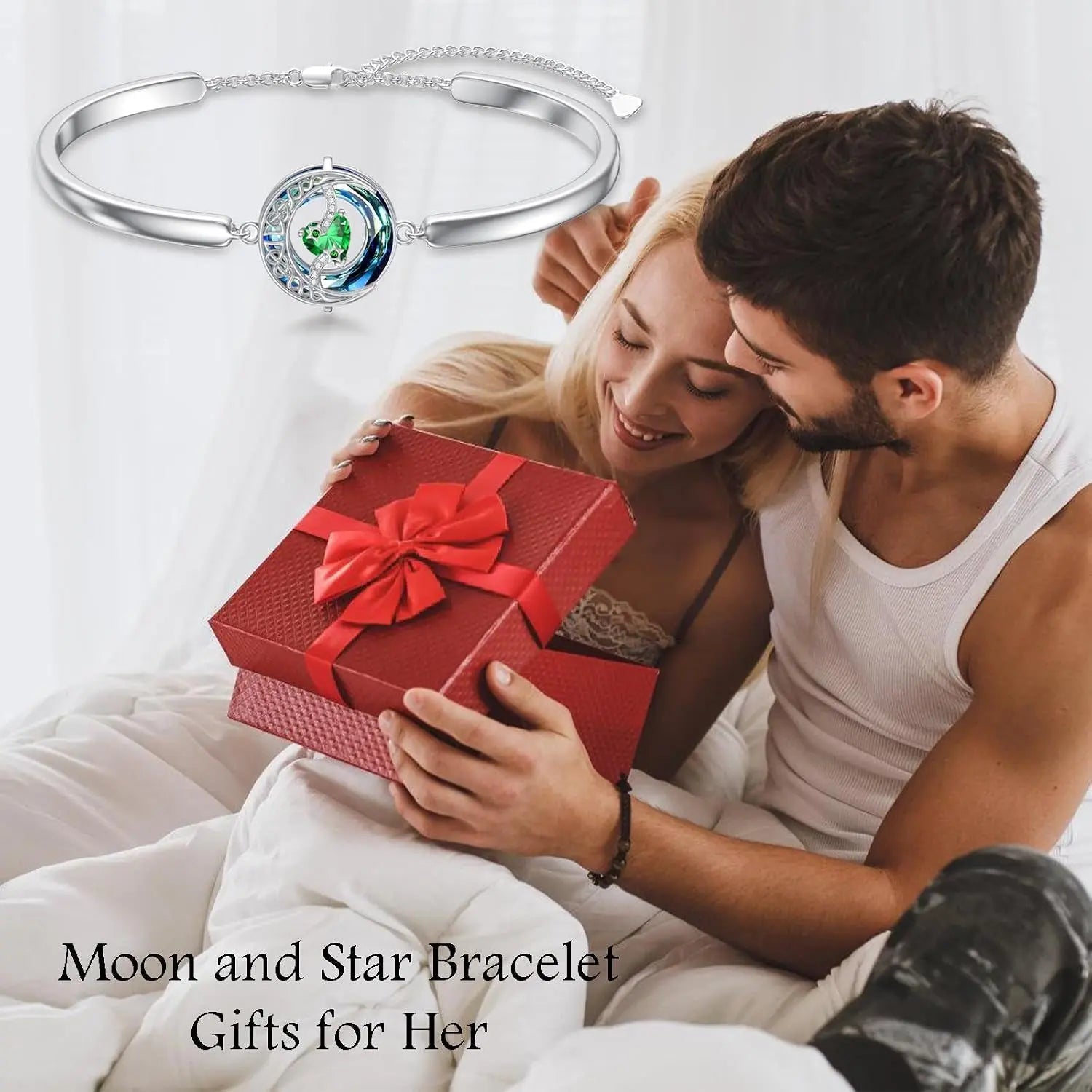 Sterling Silver Birthstone Bracelet with Austrian Crystal - Moon and Star