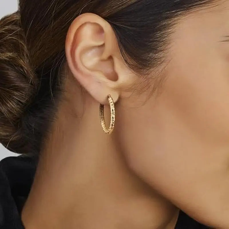 14K Gold Hoop Earrings Wrinkle Texture Chunky Hoops 