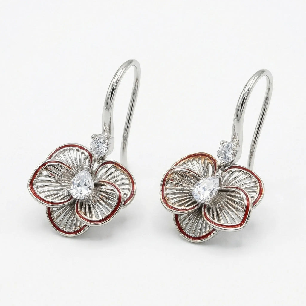 925 Sterling Silver Elegant Floral Filigree Earrings with Pear-Cut Gemstones and Red Enamel Trim