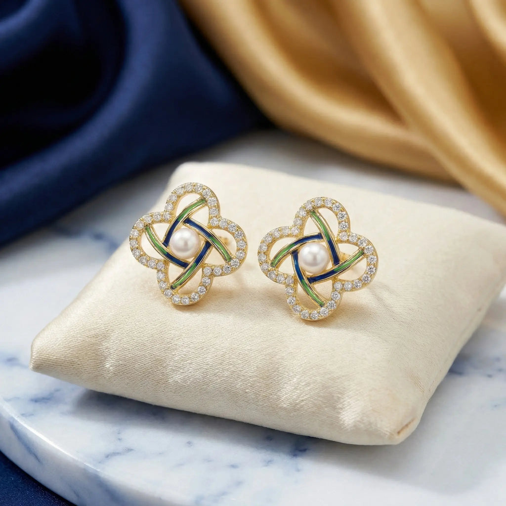 925 Sterling Silver Elegant Pearl Clover Stud Earrings with Blue Enamel and Sparkling Accents
