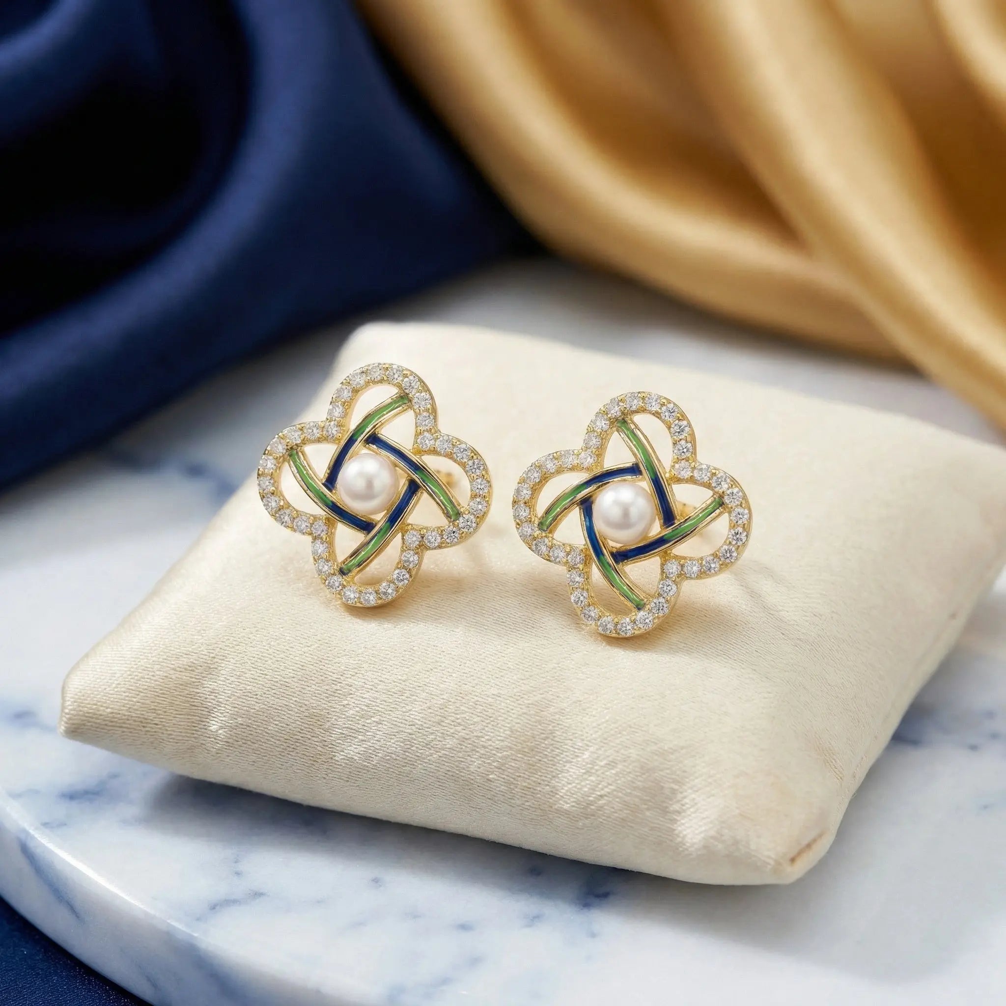 925 Sterling Silver Elegant Pearl Clover Stud Earrings with Blue Enamel and Sparkling Accents