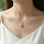 925 Sterling Silver Elegant Green Jadeite Flower Pendant Necklace in a Diamond-Encrusted Gourd Frame NP Collection