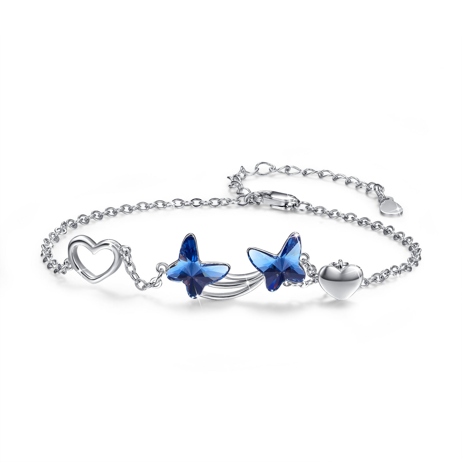 925 Sterling Silver Butterfly Blue Cubic Zirconia Pendant Bracelet