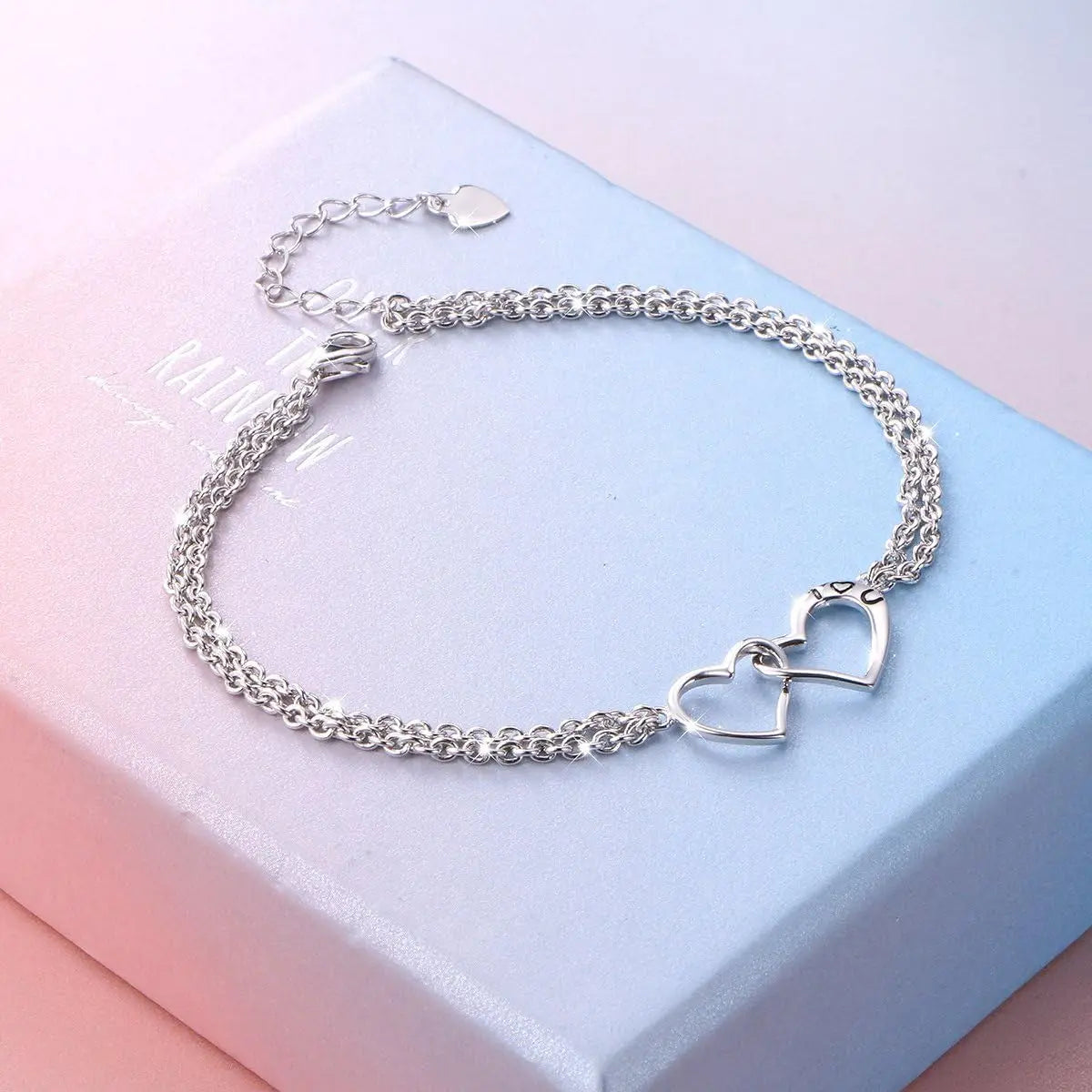 S925 Sterling Silver I Love U Forever Love Heart Double Chain Bracelets