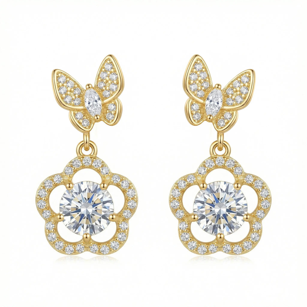 925 Sterling Silver Elegant Butterfly and Floral Drop Earrings Featuring Sparkling Brilliant Cut Stones