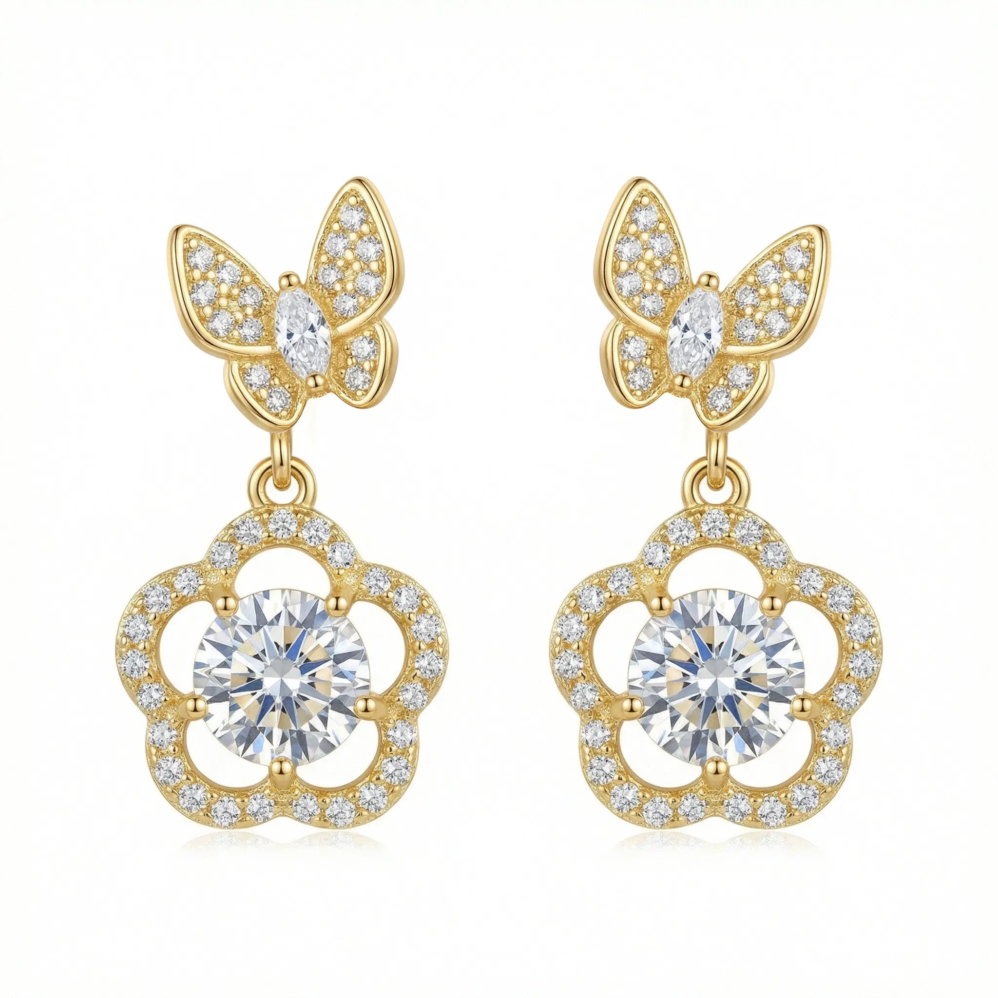925 Sterling Silver Elegant Butterfly and Floral Drop Earrings Featuring Sparkling Brilliant Cut Stones