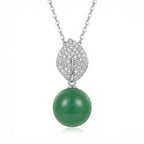 925 Sterling Silver Elegant Silver Necklace featuring a Green Jade Bead and Sparkling Diamond Leaf Bail NP Collection