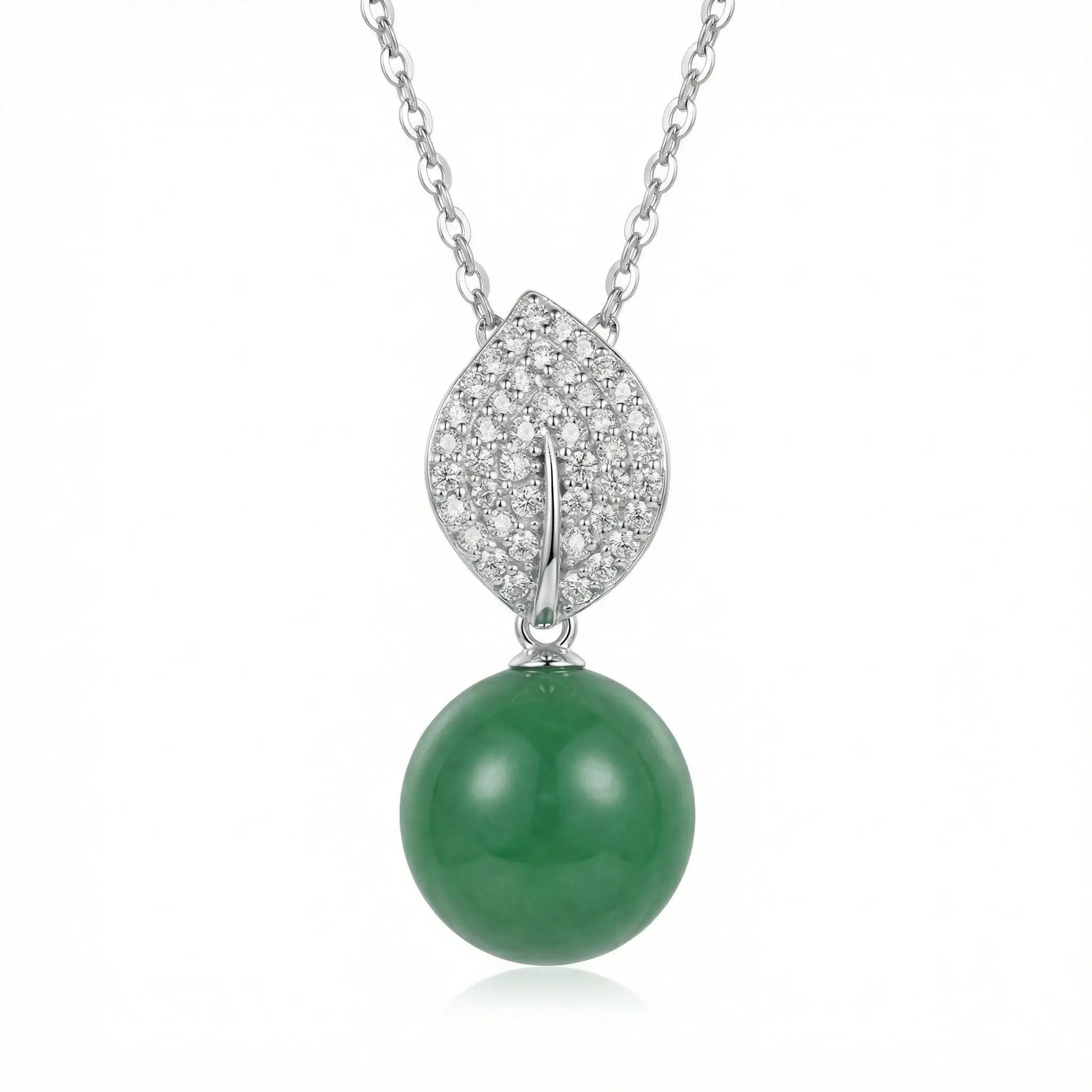 925 Sterling Silver Elegant Silver Necklace featuring a Green Jade Bead and Sparkling Diamond Leaf Bail NP Collection