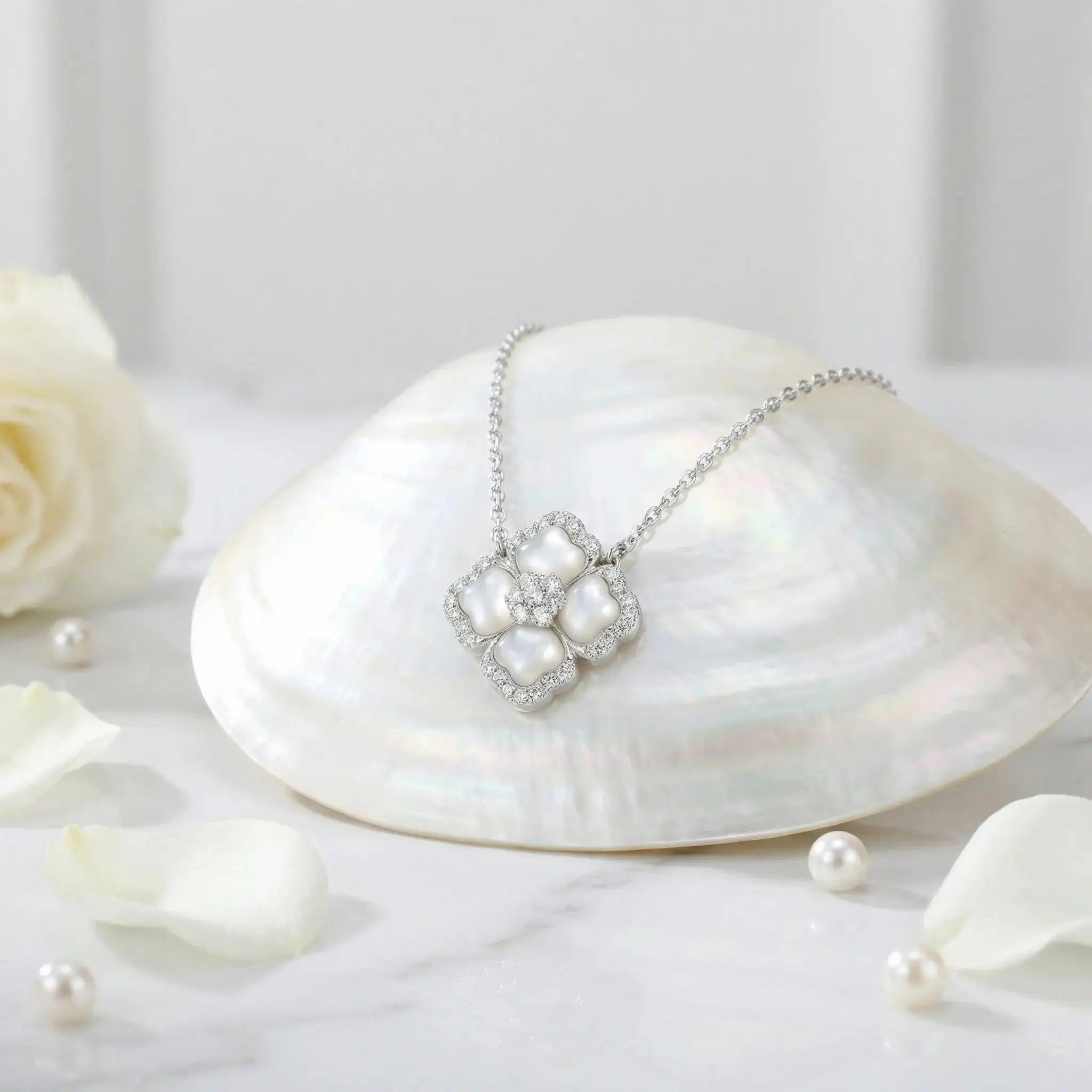925 Sterling Silver Elegant Silver Mother-of-Pearl and Diamond Floral Pendant Necklace NP Collection