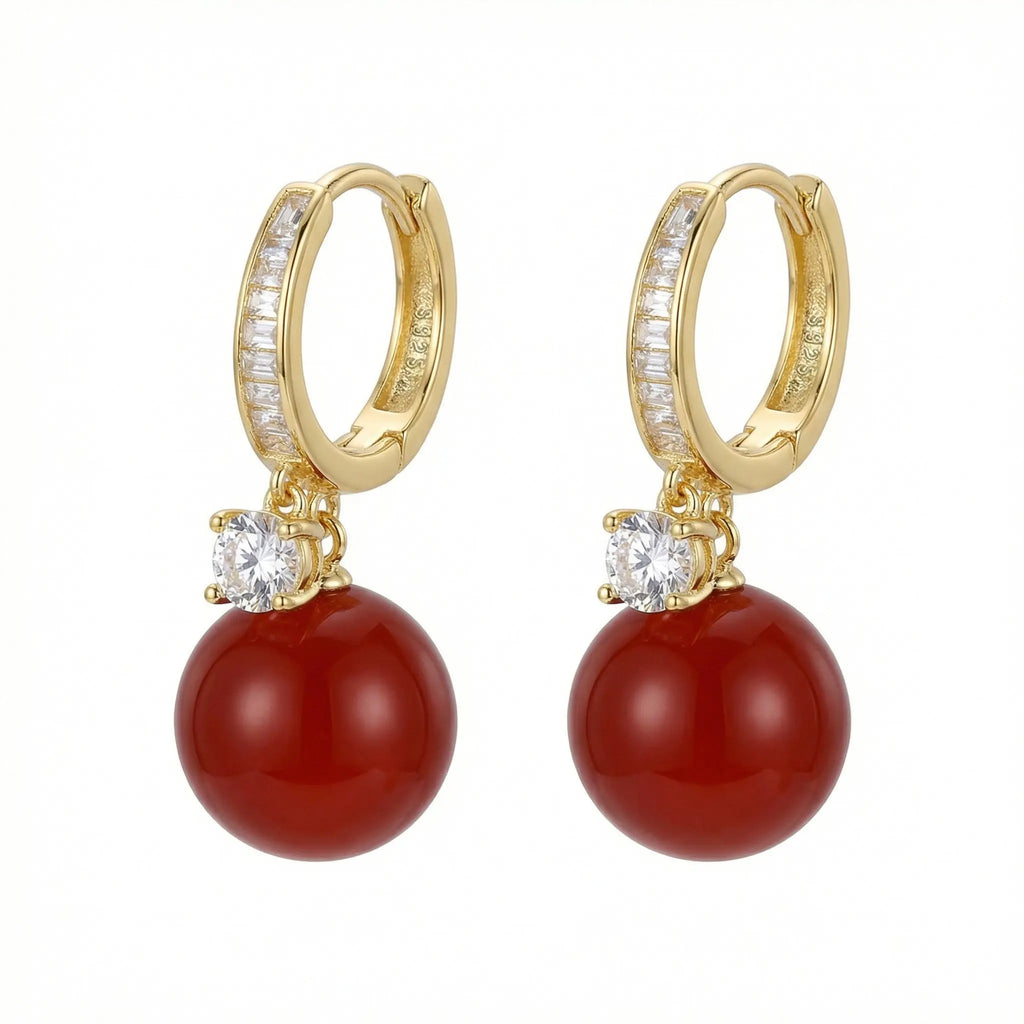 925 Sterling Silver Elegant Red Spherical Drop Earrings with Sparkling Crystal Accents and Sleek Metallic Huggie Hoops