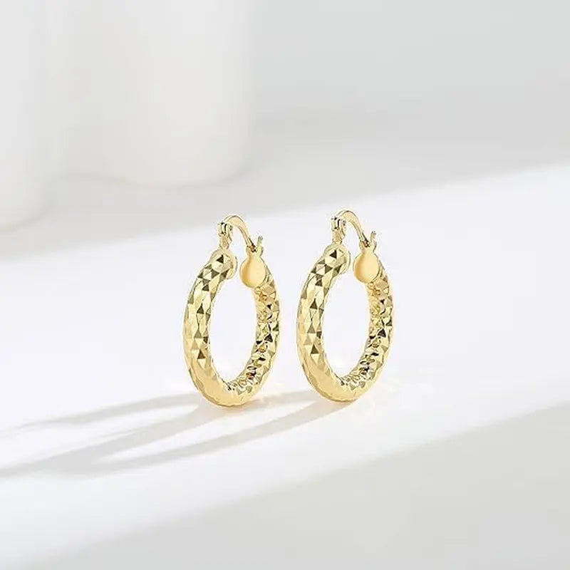 14K Gold Hoop Earrings Wrinkle Texture Chunky Hoops 