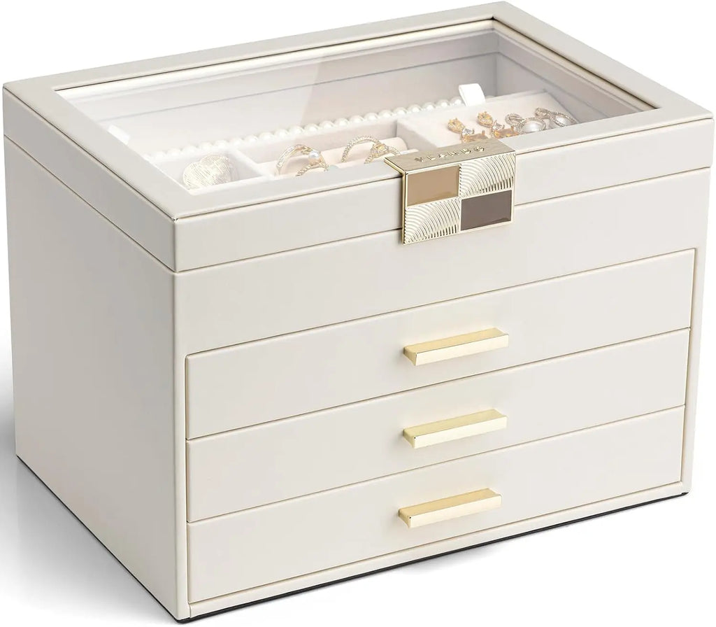 4-Layer Jewelry Storage Case with Glass Lid, Gold Handle, 3 Drawers - Cloud White