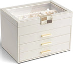 4-Layer Jewelry Storage Case with Glass Lid, Gold Handle, 3 Drawers - Cloud White