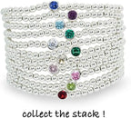 Sterling Silver Polished Beads & Crystal Stretch Stackable Bracelet for Women