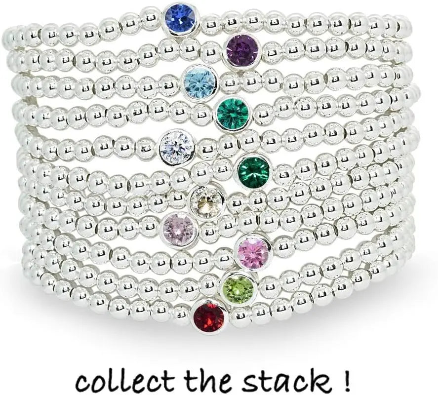 Sterling Silver Polished Beads & Crystal Stretch Stackable Bracelet for Women