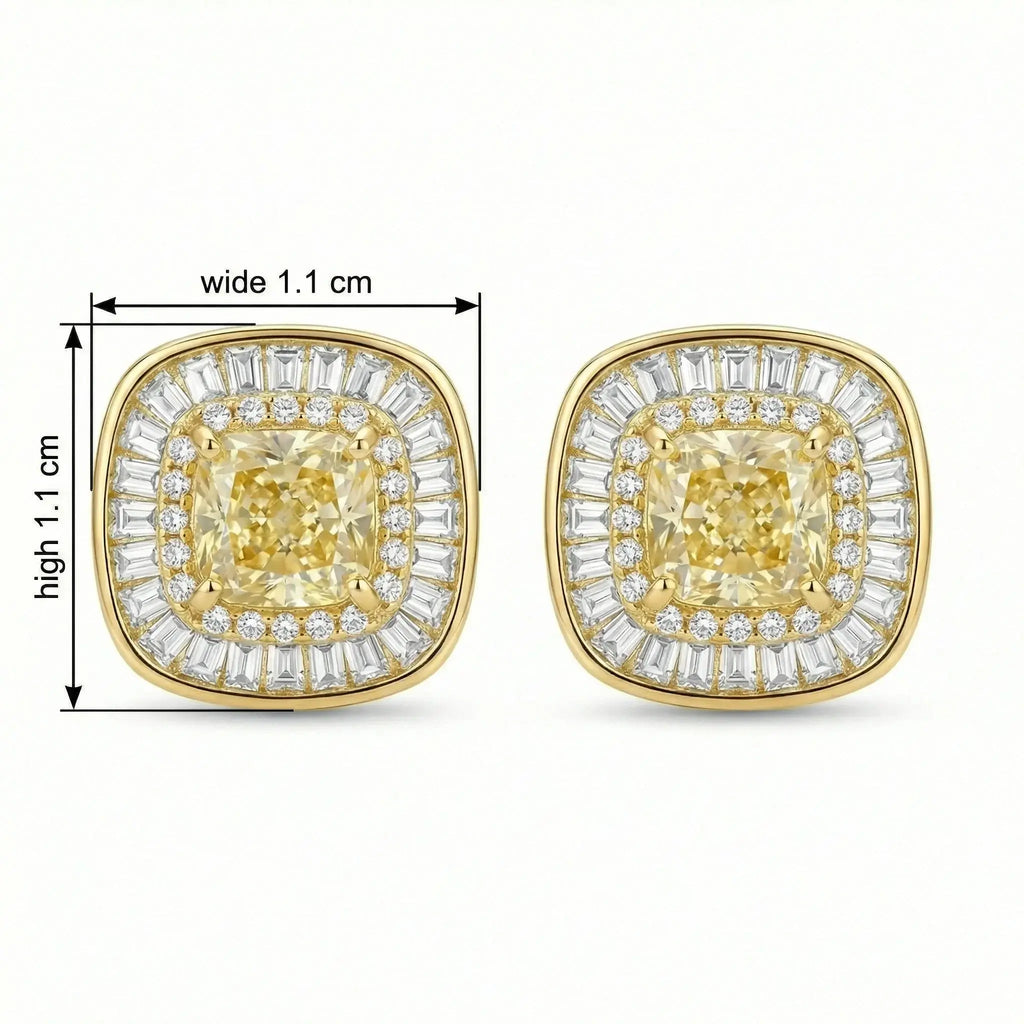 925 Sterling Silver Cushion Canary Gemstone Double Halo Baguette Border Stud Earrings NP Collection