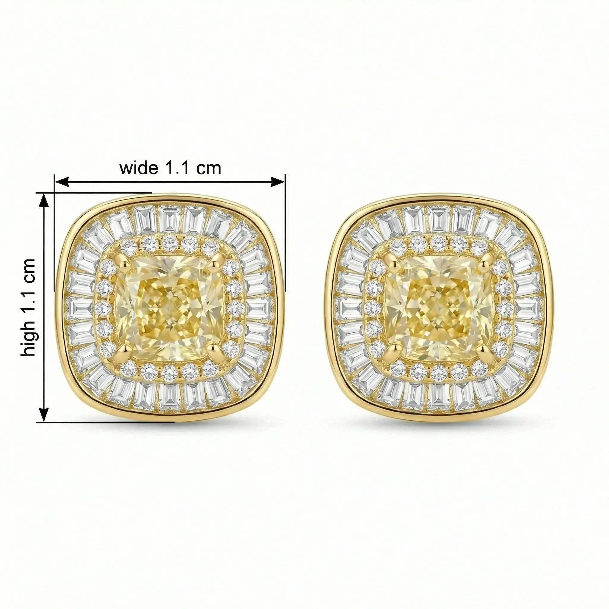 925 Sterling Silver Cushion Canary Gemstone Double Halo Baguette Border Stud Earrings NP Collection