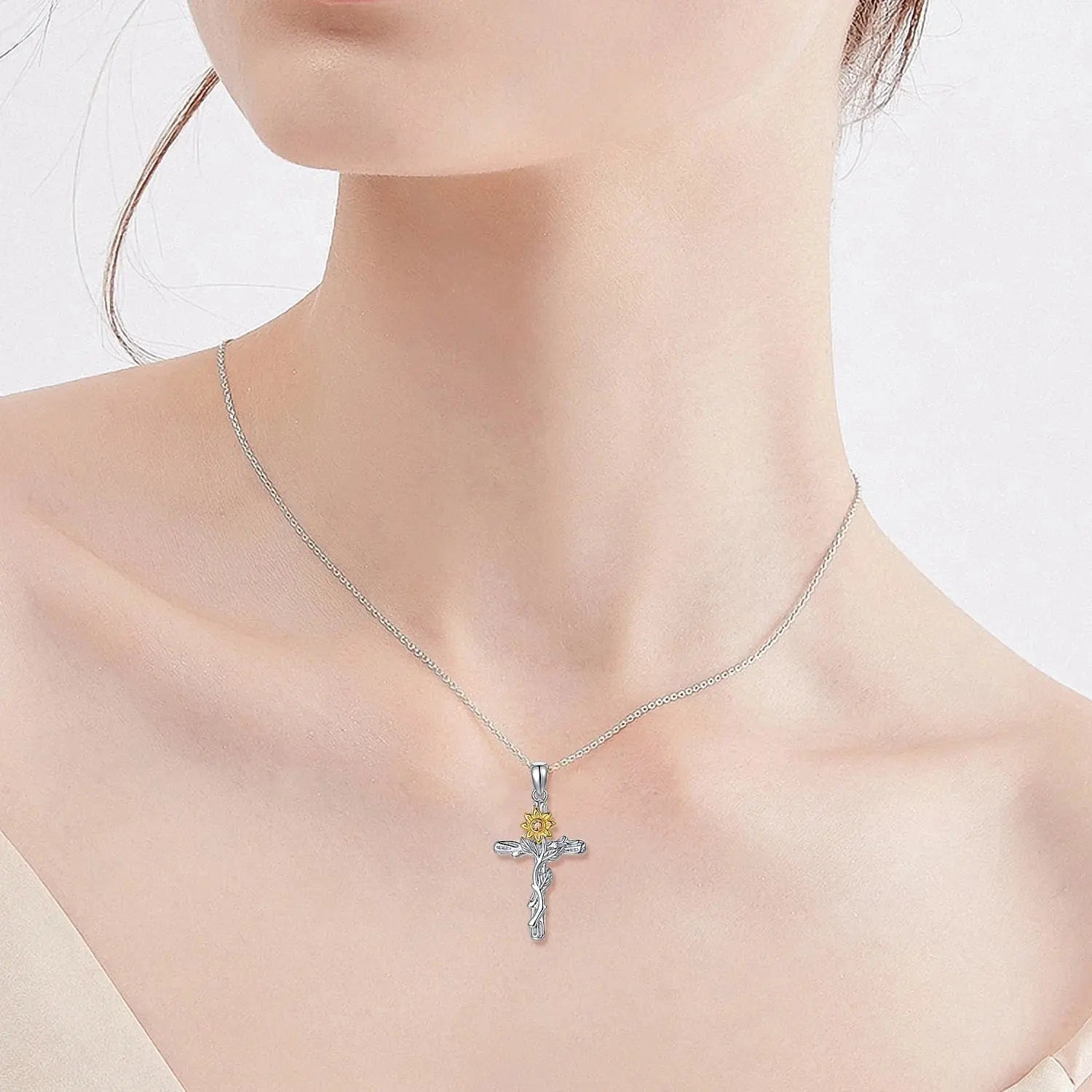 Cross Necklace 925 Sterling Silver Sunflower Pendant Necklaces Birthday Gifts Jewelry for Women Mom Daughter Wife