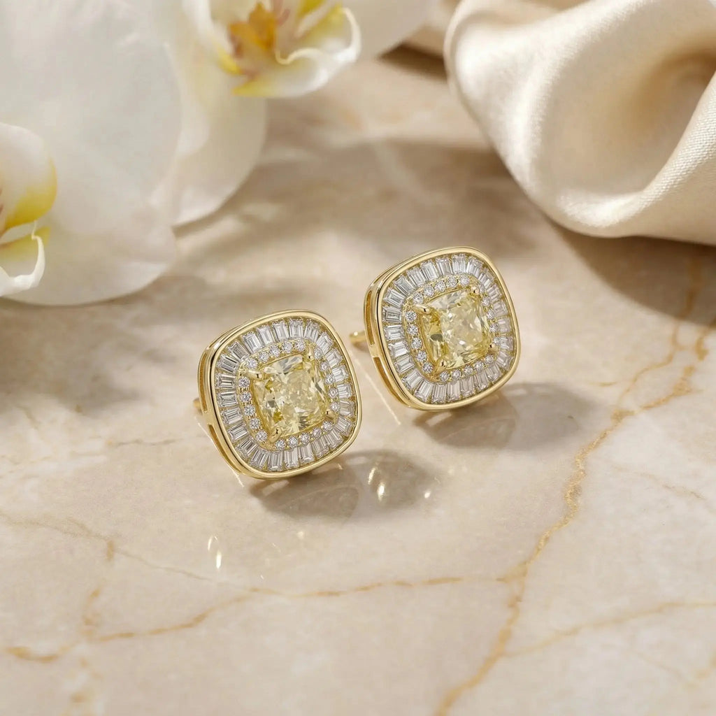 925 Sterling Silver Cushion Canary Gemstone Double Halo Baguette Border Stud Earrings NP Collection