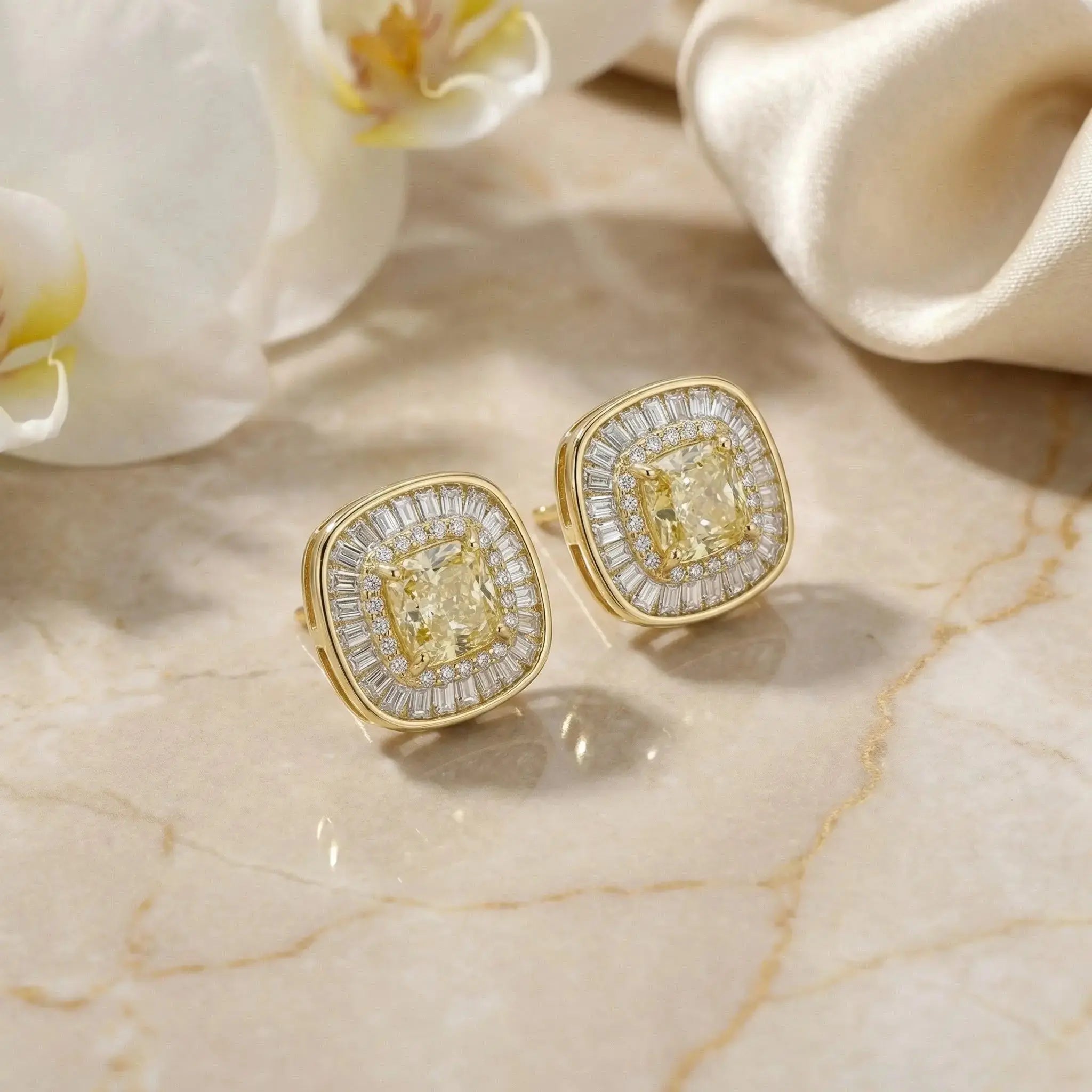 925 Sterling Silver Cushion Canary Gemstone Double Halo Baguette Border Stud Earrings NP Collection