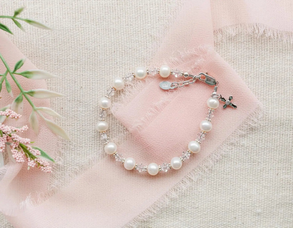 Pearl & Crystal Beaded Bracelet, .925 Sterling Silver 