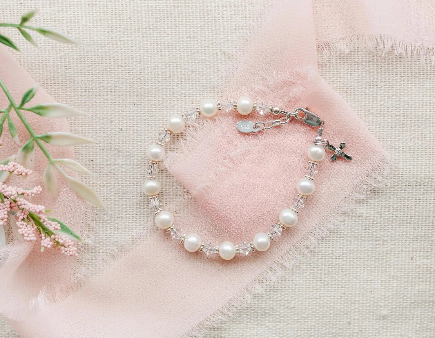 Pearl & Crystal Beaded Bracelet, .925 Sterling Silver 