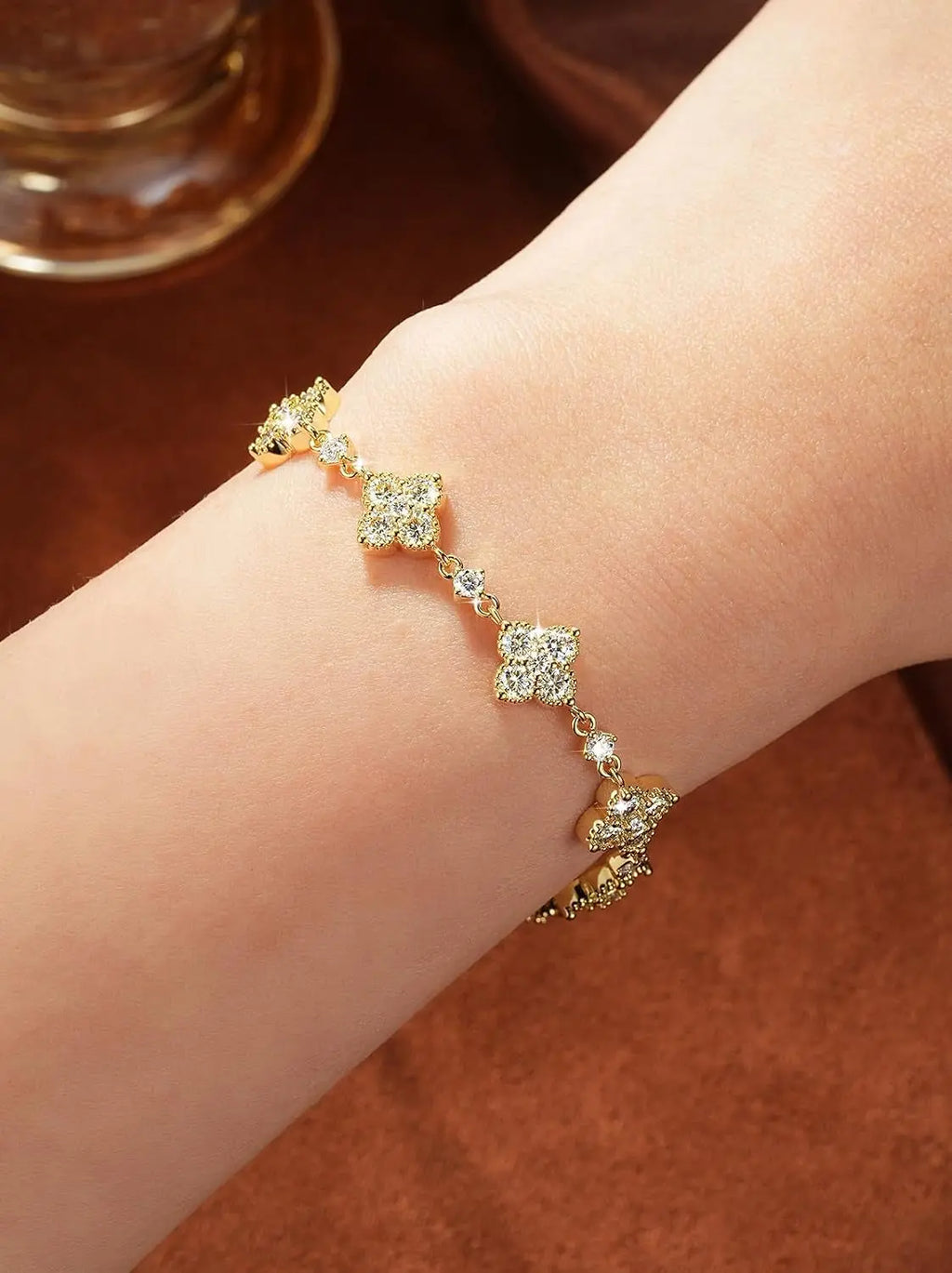 Moissanite Four-Leaf Clover Bracelet, 14K Gold Filled