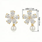 925 Sterling Silver Shimmering Crystal Flower and Pearl Dangle Earrings for Elegant Occasions