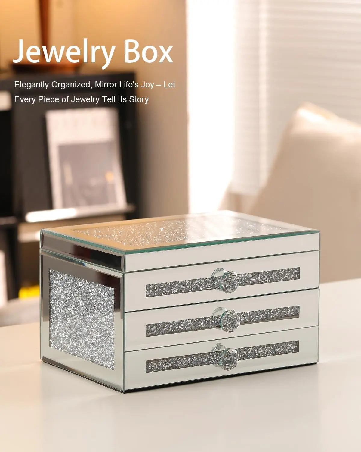 Jewelry Boxes for Women Modern Glass Jewelry Box Organizer 3-Layer 2 Drawers,Lots of Storage Space,Best Birthday Gifts for Women/Silver