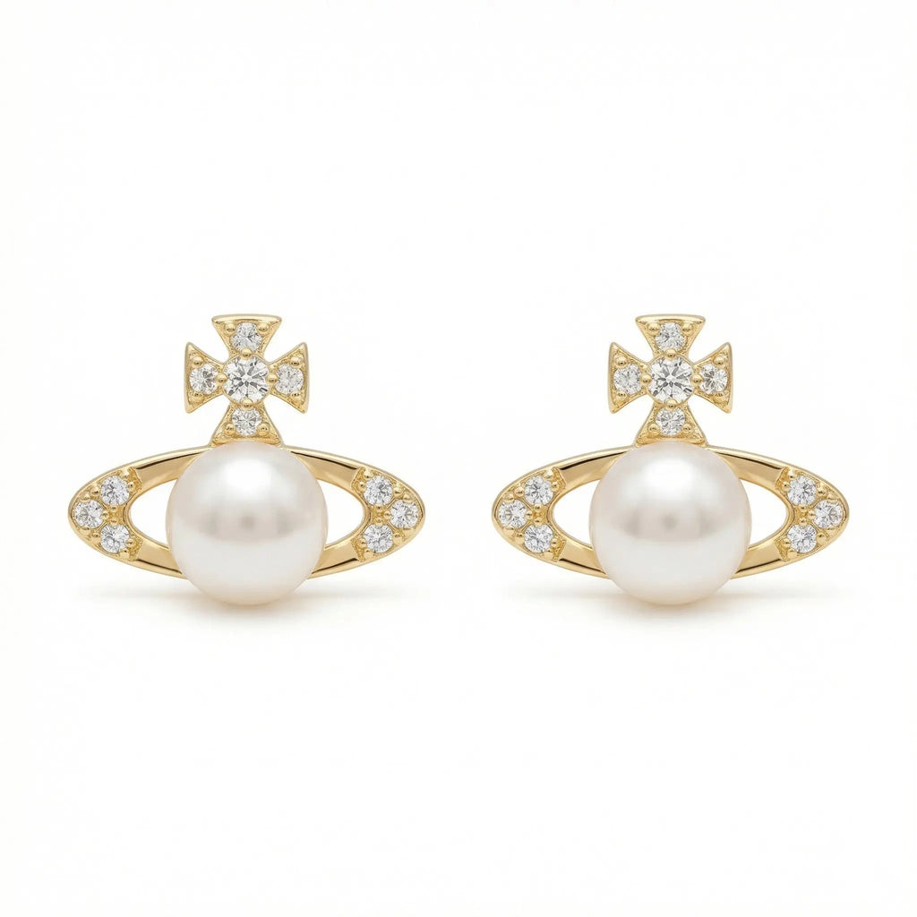 925 Sterling Silver Elegant Orb Pearl Stud Earrings with Sparkling Crystal Accents