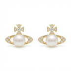 925 Sterling Silver Elegant Orb Pearl Stud Earrings with Sparkling Crystal Accents