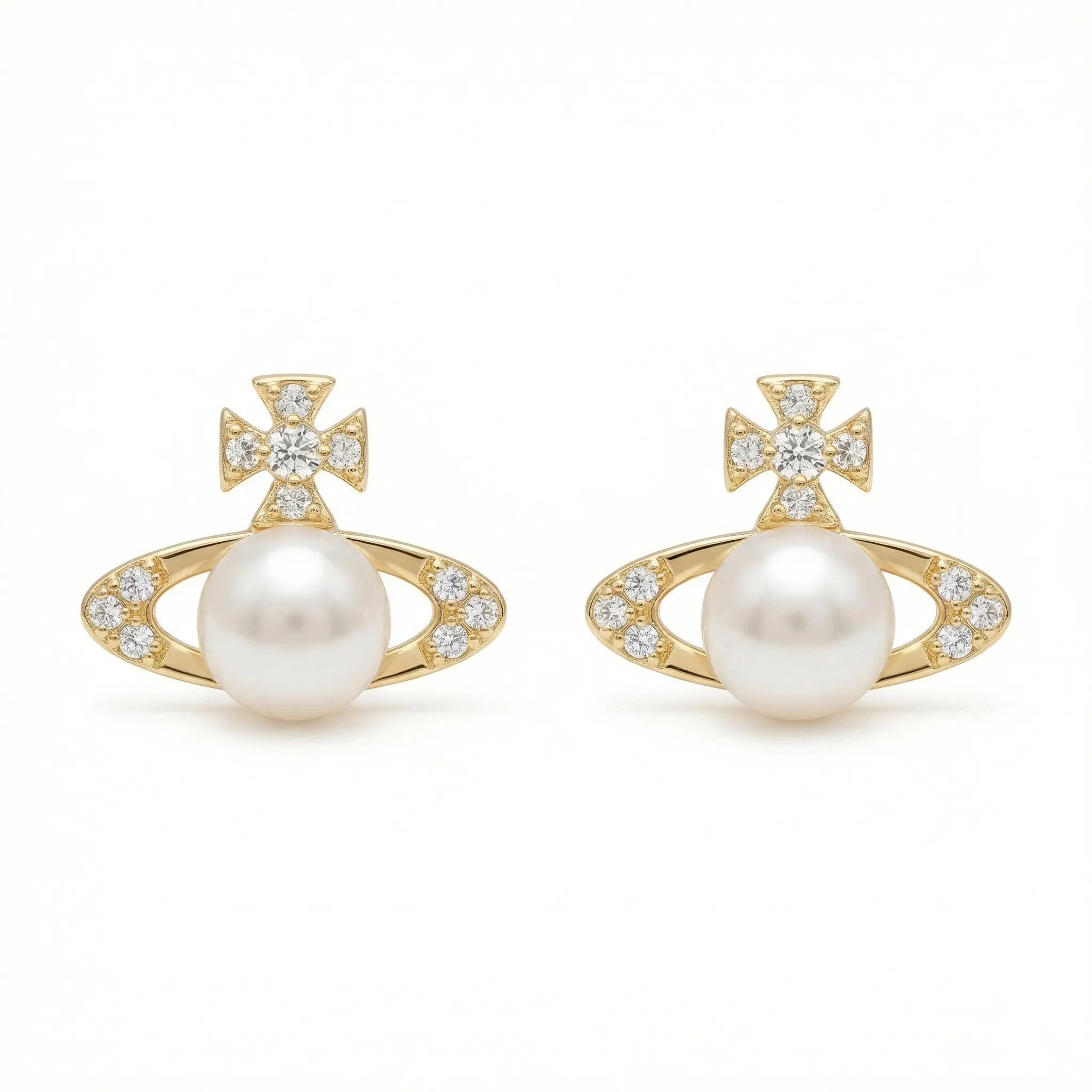 925 Sterling Silver Elegant Orb Pearl Stud Earrings with Sparkling Crystal Accents