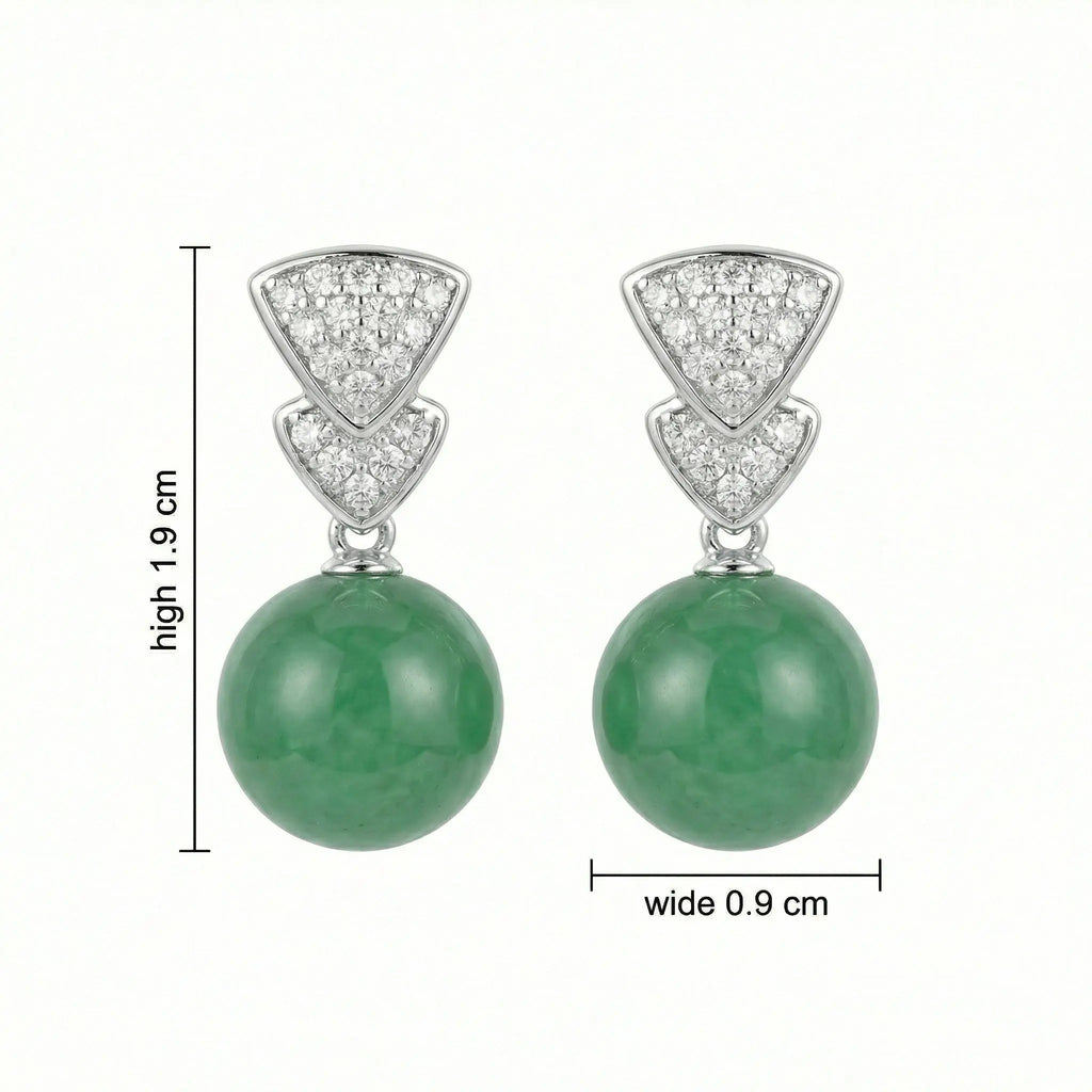 925 Sterling Silver Elegant Green Jadeite Round Bead Earrings with Brilliant Diamond-Accented Triangular Drops